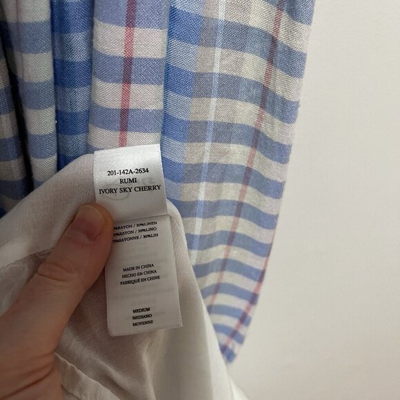 Rails Rumi Smocked Blue Ivory Sky Cherry Midi Linen Blend Dress Size Medium - Picture 6 of 11